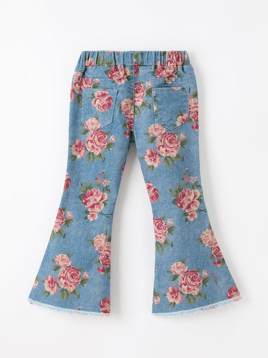 Girls Floral Denim Bell Bottom Pants Rose Print Flare Jeans