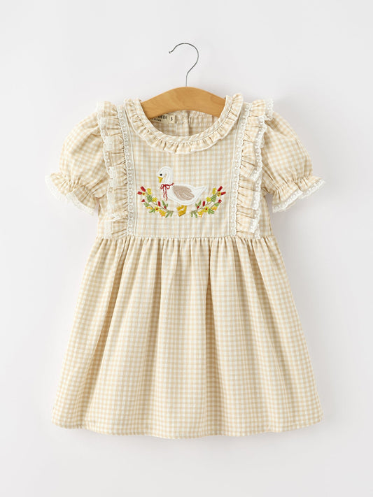 Girls Goose Embroidered Beige Plaid Ruffle Dress