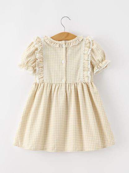 Girls Goose Embroidered Beige Plaid Ruffle Dress