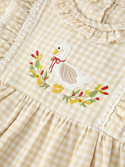 Baby Girls Goose Embroidered Beige Plaid Ruffle Bloomer Set