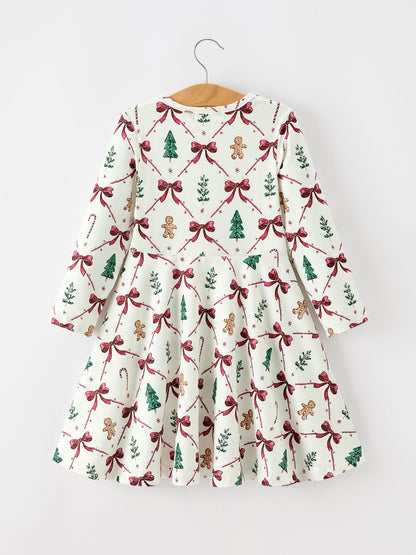 Christmas Bow and Gingerbread Print Girls Twirl Dress
