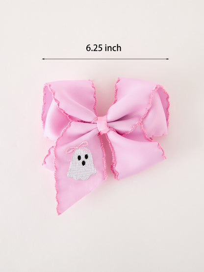 Halloween Girls Pink Ghost Embroidered 6.25" Hair Bow