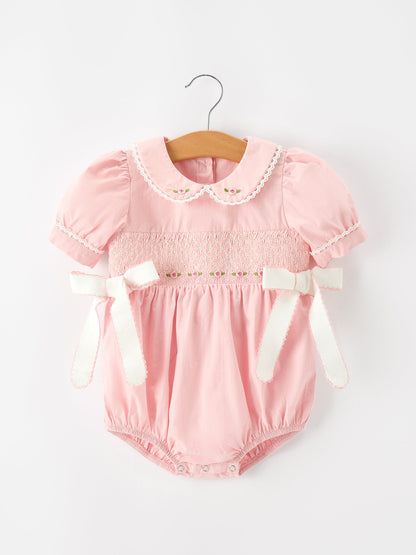 Fall Baby Girls Pink Floral Embroidered Smocked Bow Bubble Romper