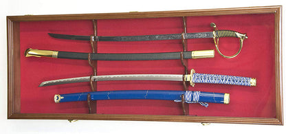 2 Sword Display Case Cabinet Stand Holder Wall Rack Box - Walnut Lockable w/ 98% UV Protection
