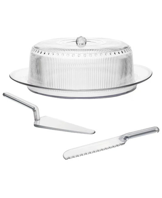 RIBBED CLEAR ACRYLIC 4 PC CAKE SET:  PLATE, DOME, CAKE SERVER, CAKE KNIFE