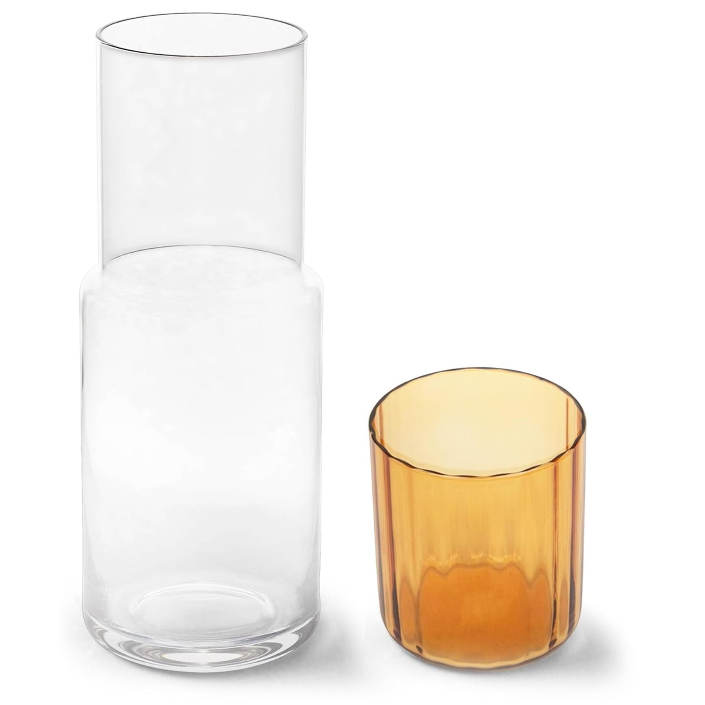 CLEAR CARAFE SET WITH AMBER TUMBLER: CARAFE 3.15"D X 8.86"H 800 ML/27.05 OZ, TUMBLER 3.11"D X 3.74"H 360 ML/12.17 OZ RG