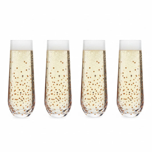 Set of 4 Black & Gold Confetti Stemless Champagne Flutes (10.5 oz)