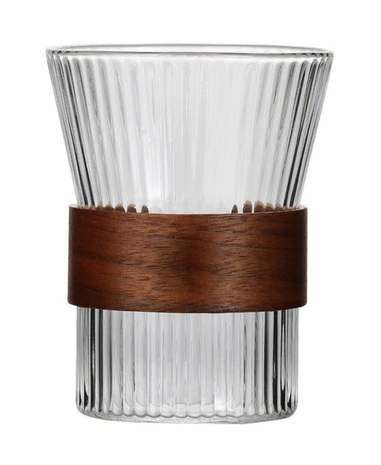 Clear Set Of 4 Old Fashion Glasses with Wood Band 9.47OZ.