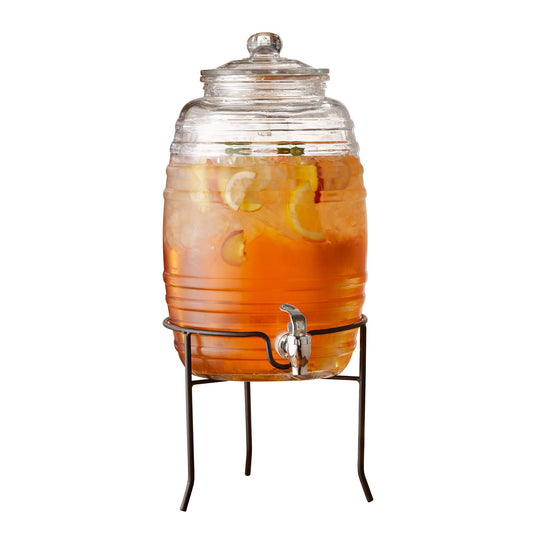 COLFAX BEVERAGE DISPENSER, 2.5 GAL W/METAL STAND,320oz STAND:8.66x7.99"  RB   SS spigot, tighten tool, chalkboard, chalk, sm rd coaster