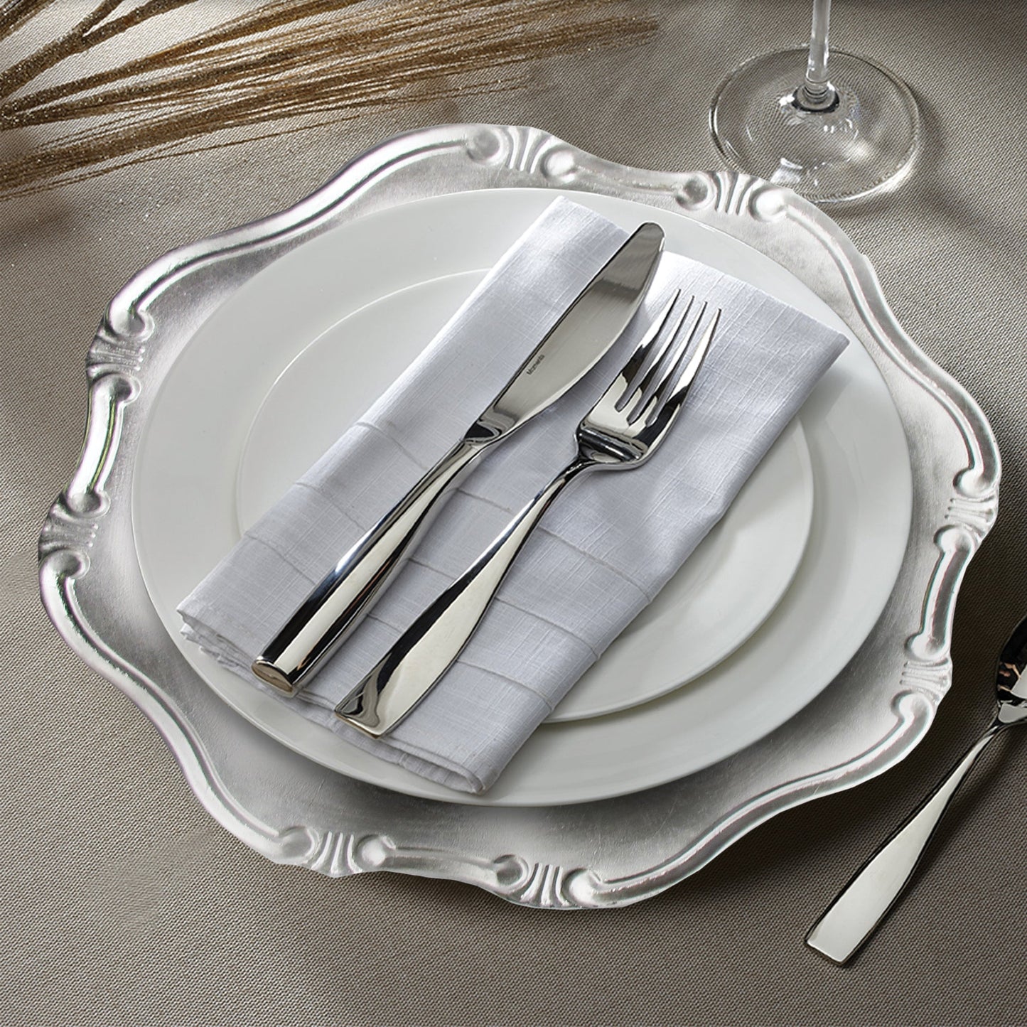 SILVER BAROQUE CHARGERS SET OF 12, 13"D