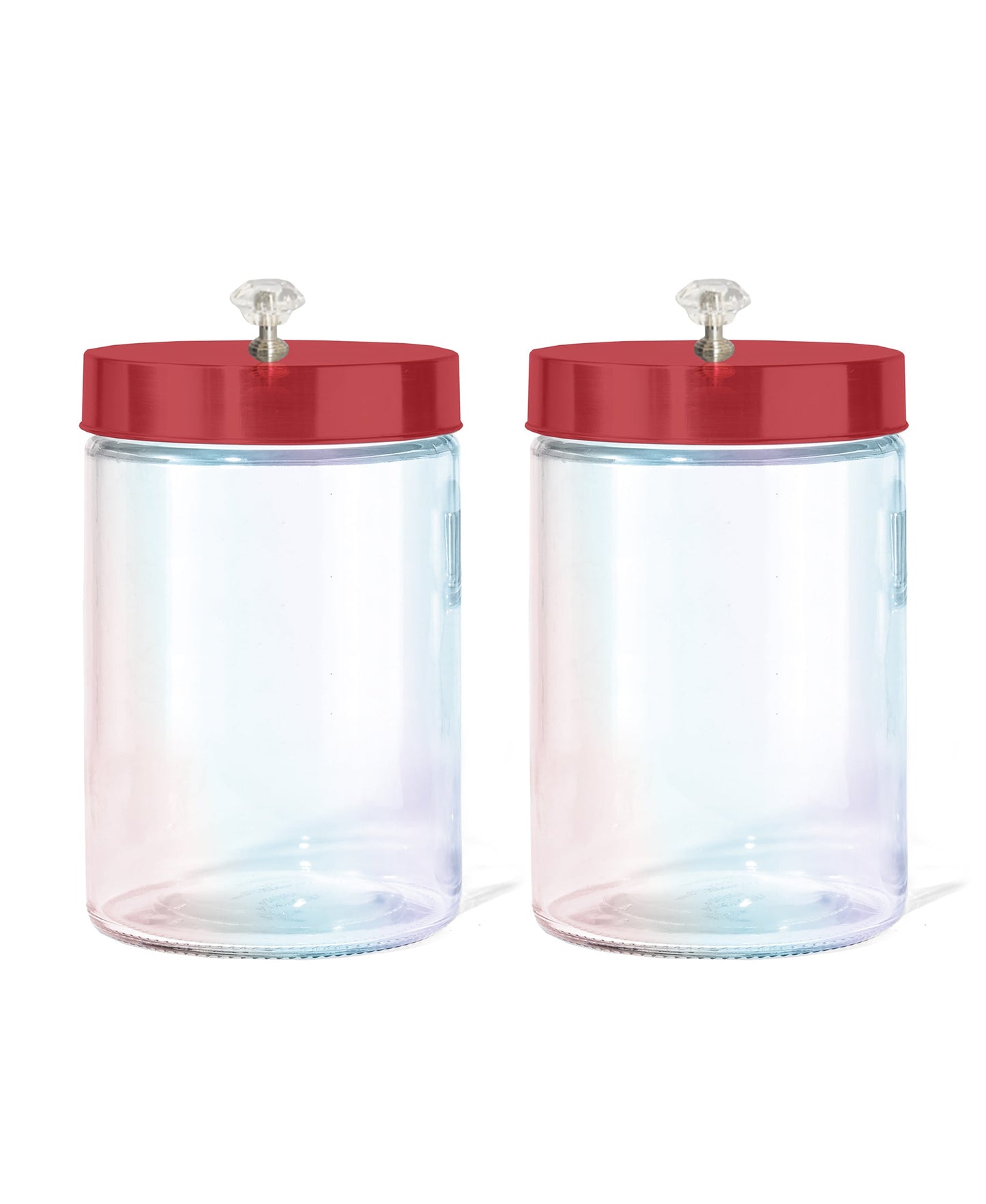 BLING LUSTER SET OF 2 GLASS JARS 44 OZ W/RED LID-DIAMOND KNOB 4.41 X 4.41 X 7.95"
