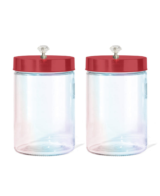 BLING LUSTER SET OF 2 GLASS JARS 44 OZ W/RED LID-DIAMOND KNOB 4.41 X 4.41 X 7.95"