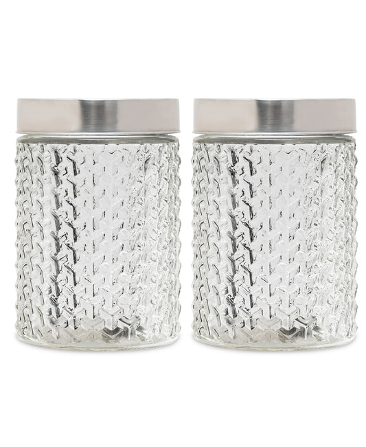 WEAVE ROUND SET OF 2 GLASS MEDIUM CANISTERS W/METAL LID  44oz 4.41X4.41X6.61"