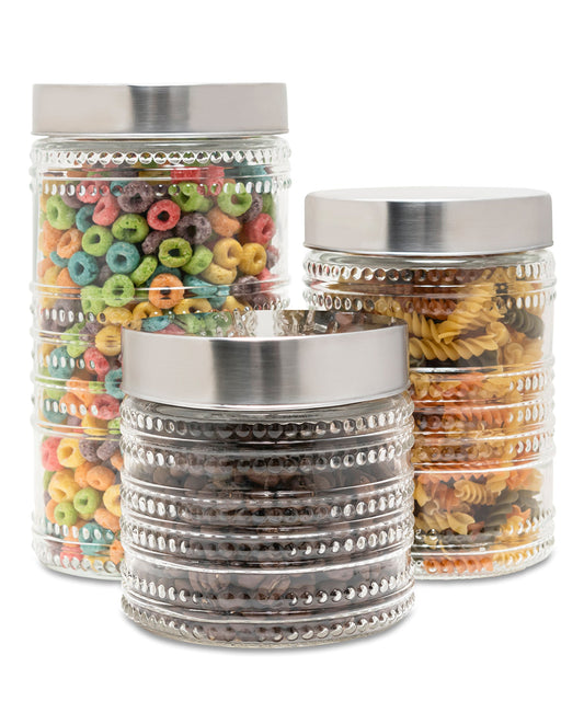 BEADED SET OF 2 GLASS ROUND LARGE CANISTERS 59oz 4.41X4.41X8.66"