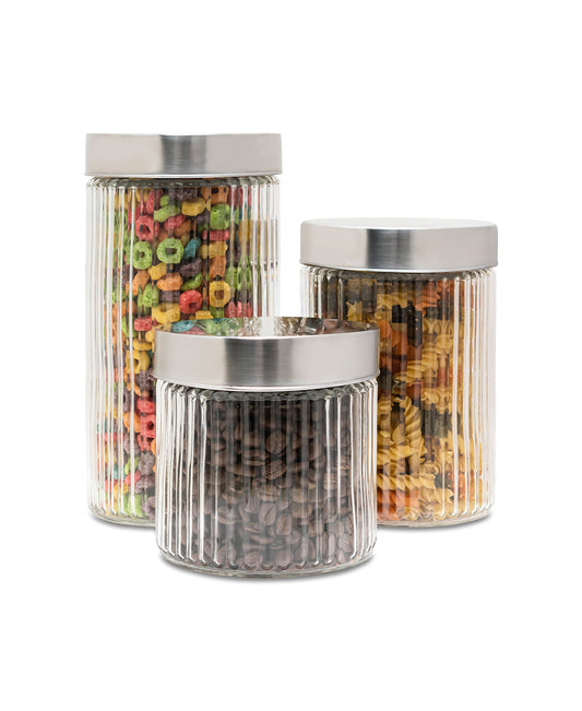 FLUTED EMBOSSED SET OF 2 EXTRA LARGE GLASS CANISTERS 73oz 4.37x4.37x10.75"