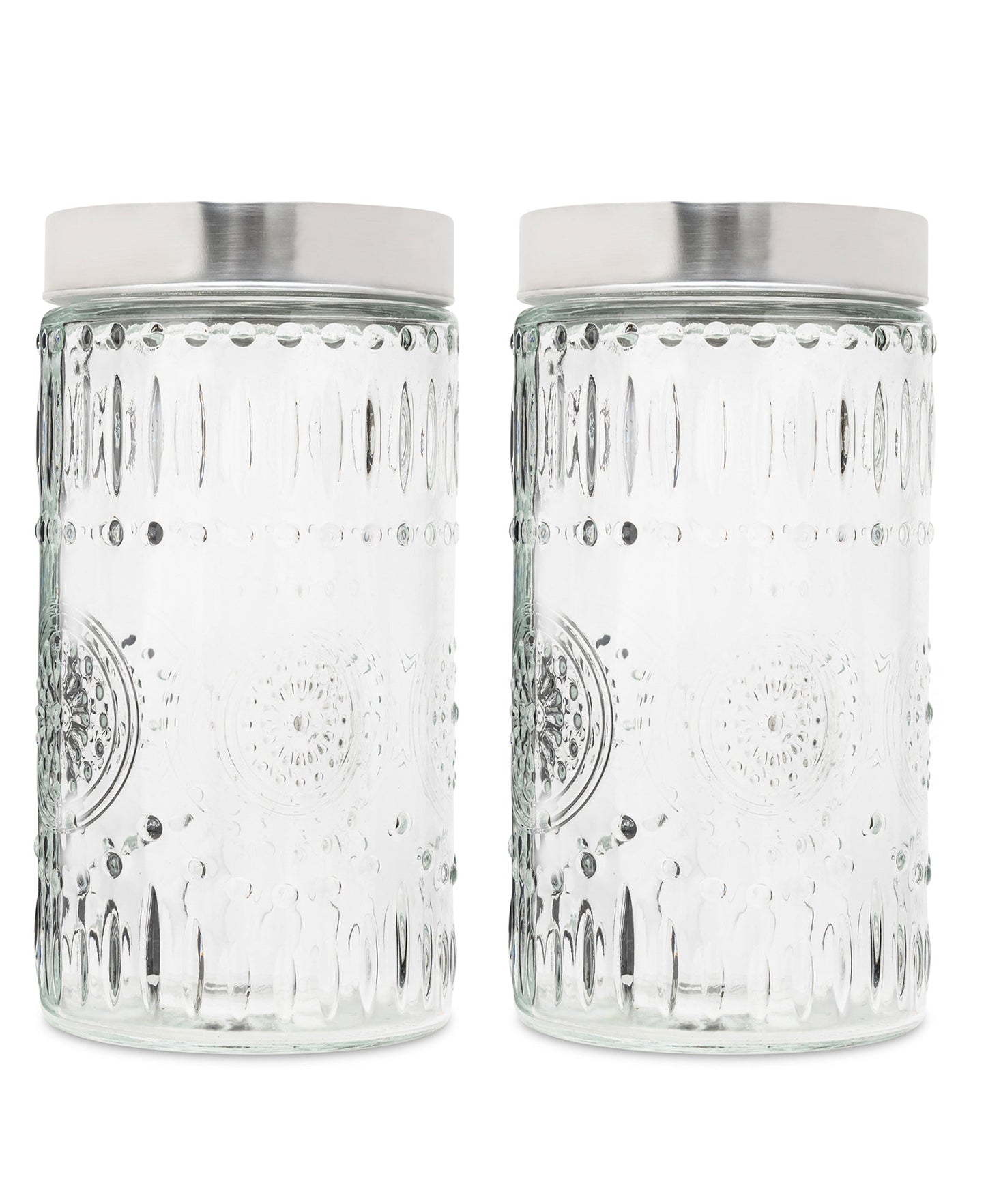 MEDALLION SET OF 2 ROUND EXTRA LARGE GLASS CANISTERS 73oz 4.37x4.37x10.75"