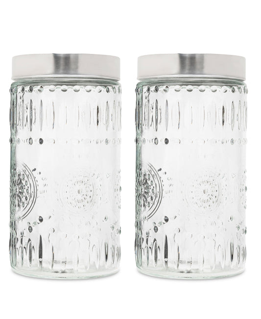MEDALLION SET OF 2 ROUND EXTRA LARGE GLASS CANISTERS 73oz 4.37x4.37x10.75"