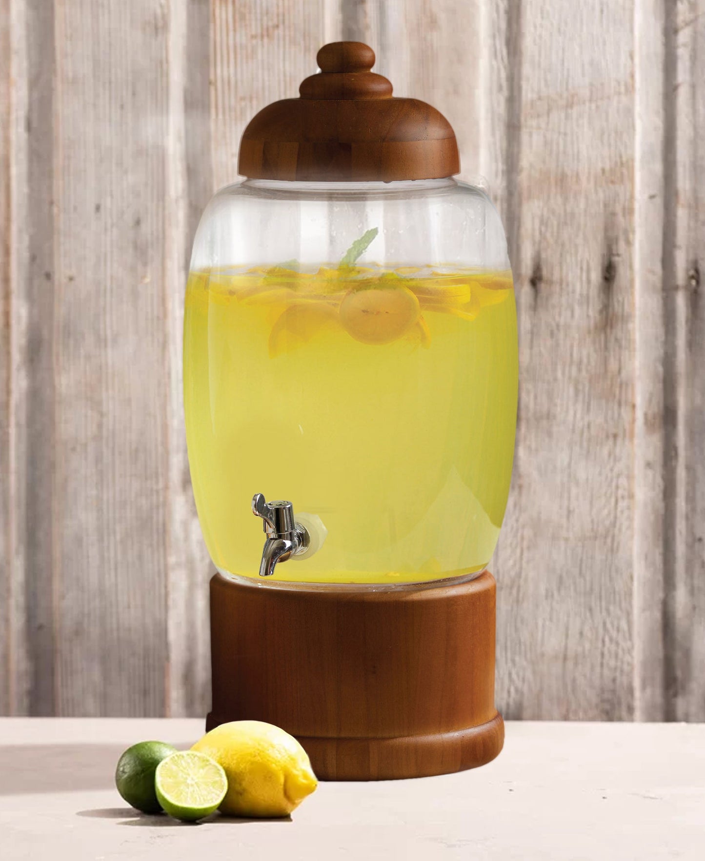 BEVERAGE DISPENSER W/WOODEN LID AND BASE, reshipper box