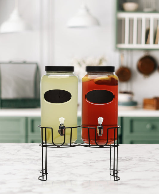 DUMONT SET OF 2 DISPENSERS W/CHALKBOARD, CHALK, BLACK LID & BLACK METAL STAND 118oz each, in remailer