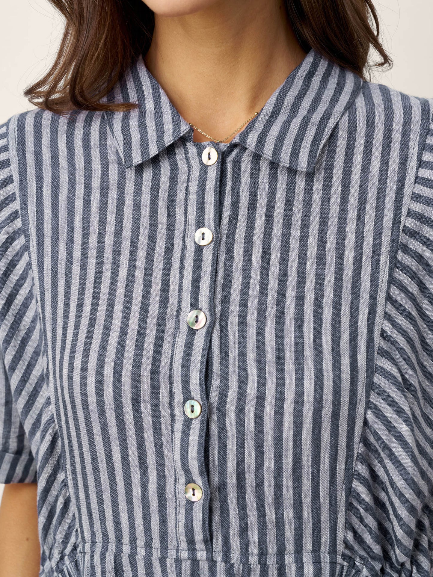 100% Linen Striped Buttoned Front Short-Sleeve Midi Shirt Dress CASSANDRA