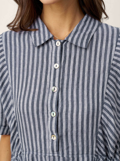 100% Linen Striped Buttoned Front Short-Sleeve Midi Shirt Dress CASSANDRA