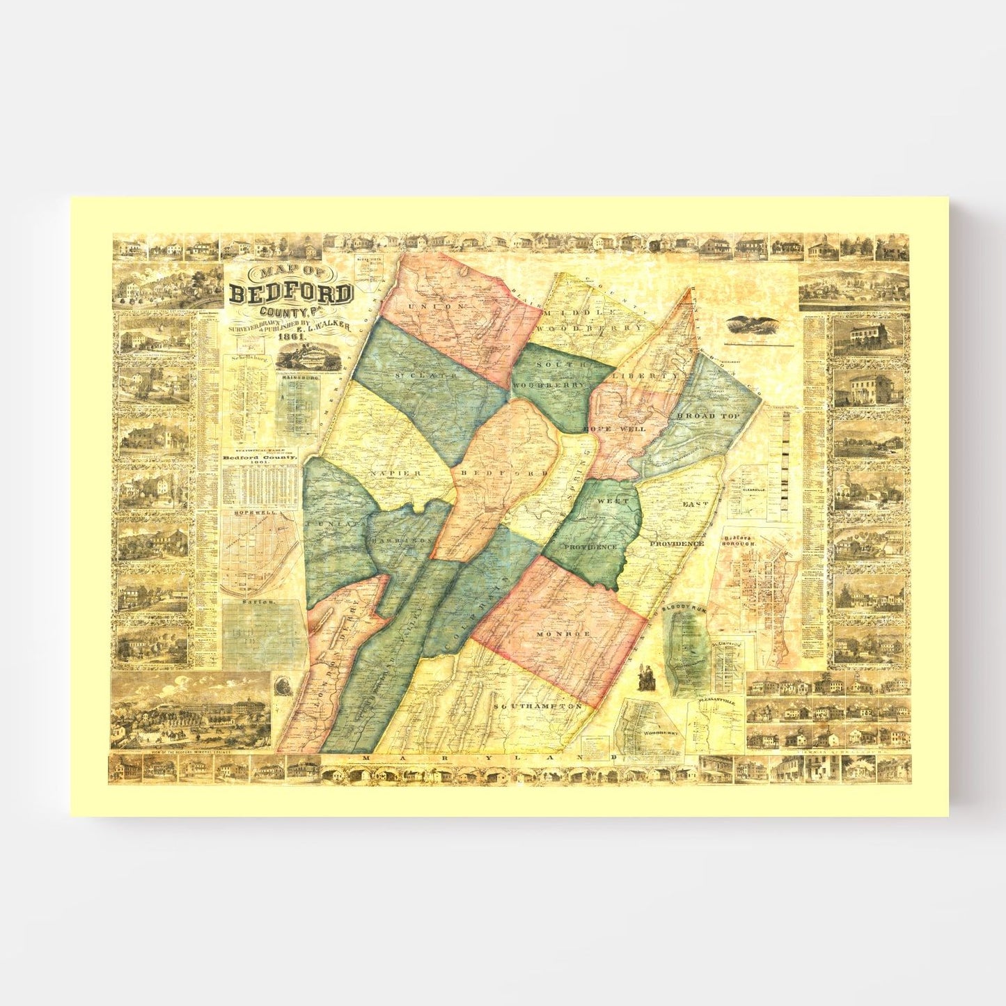 Vintage Map of Bedford County, Pennsylvania 1861