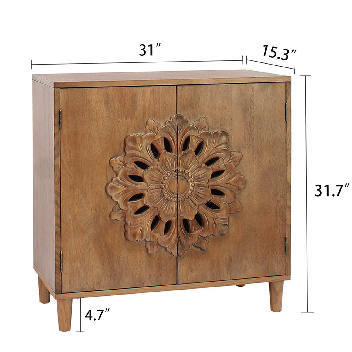 Rustic Hand-Carved Wooden 2-Door Cabinet with Floral Detailing - Natural Wood