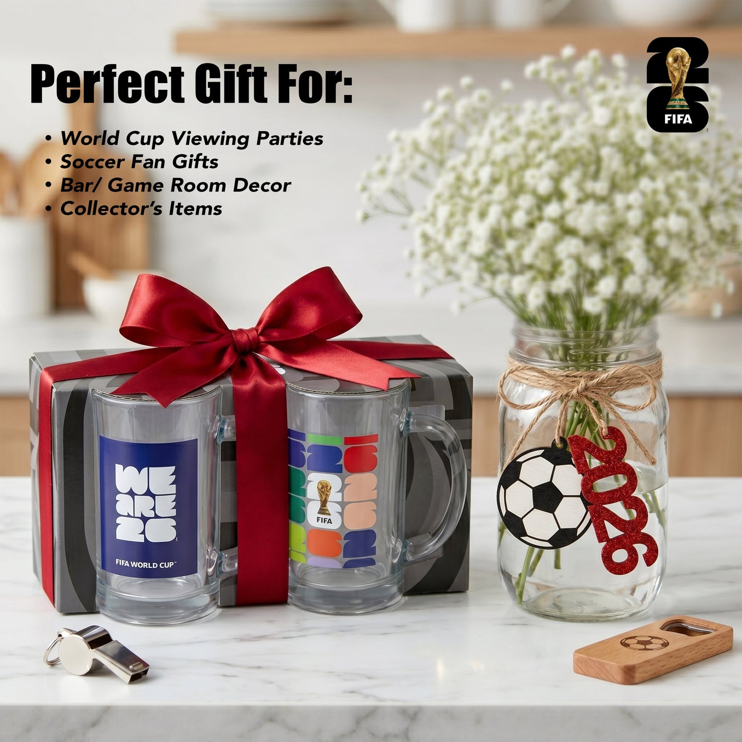 Atelier Sportif Official FIFA We Are 26 & Trophy Set of 2 Glass Mugs With Handle  21 OZ.
