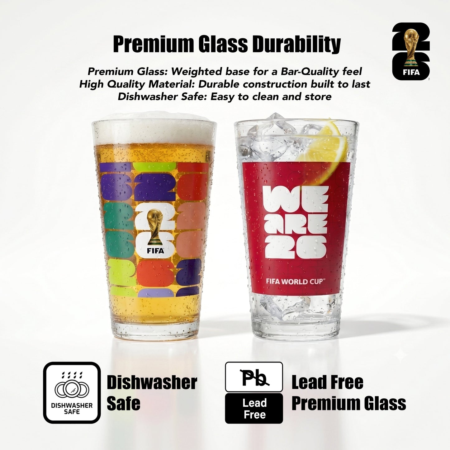 Atelier Sportif Official FIFA Trophy & We Are 26 Set of 2 Glass Highballs 16 OZ.