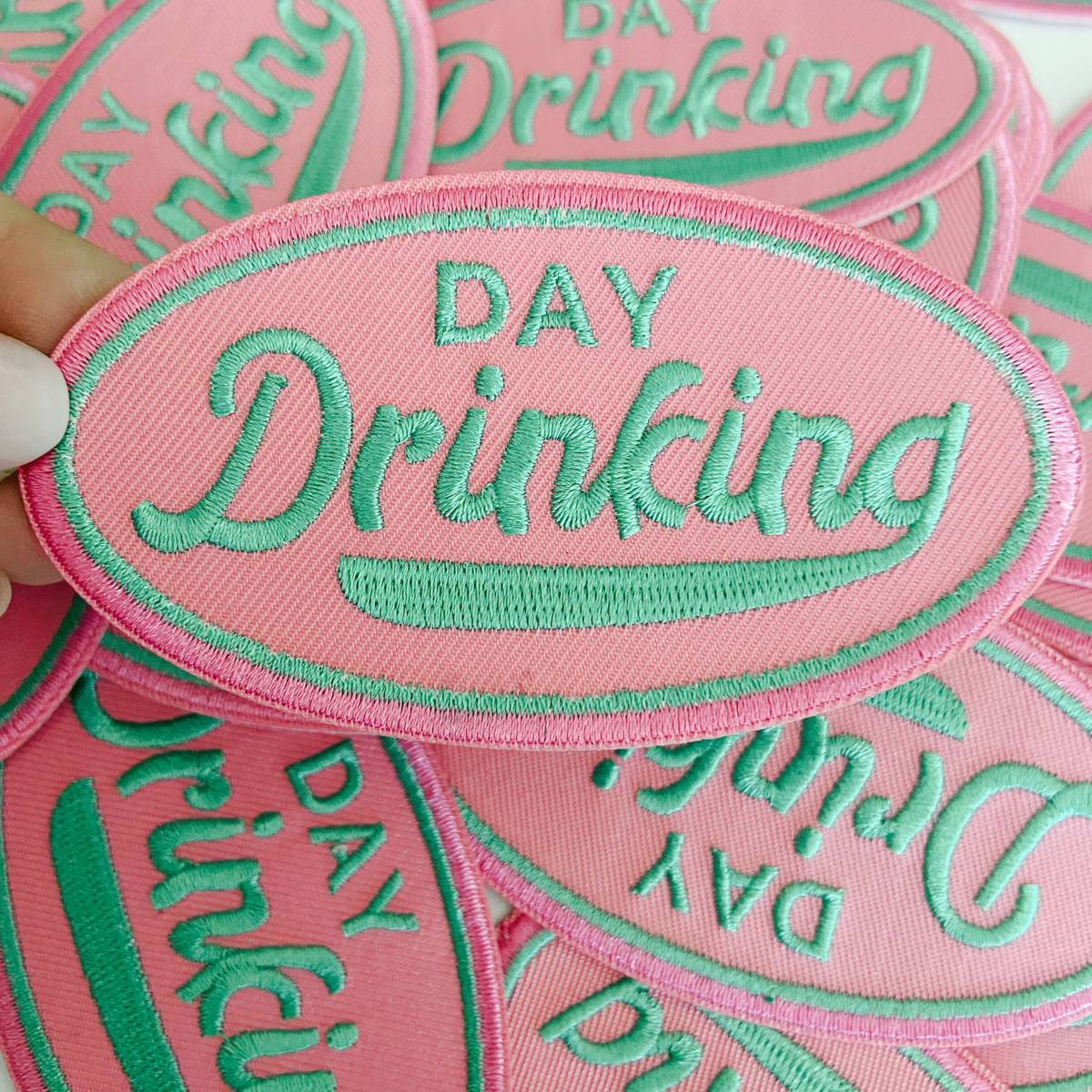 3" Day Drinking in Pink and Teal - Embroidered Hat Patch