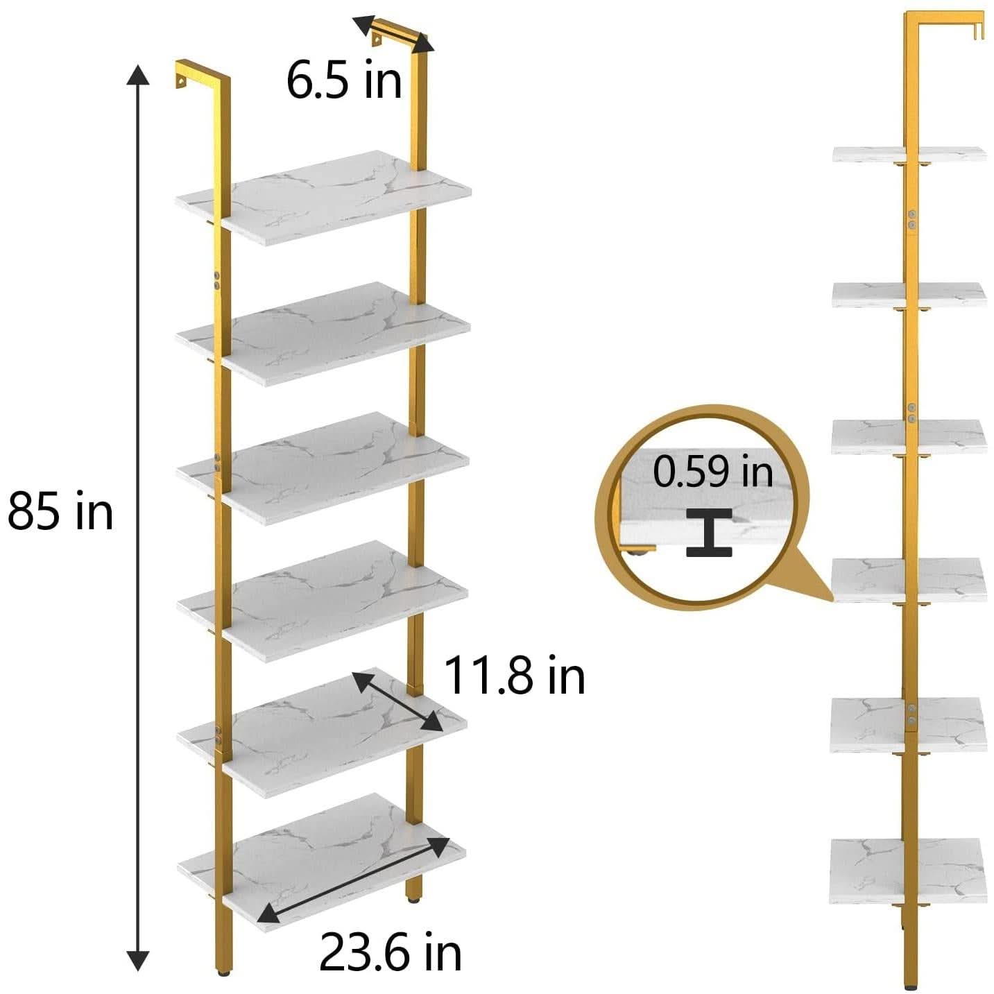 Marble White 6 Tier Ladder Shelf Bookcase Wall Mounted