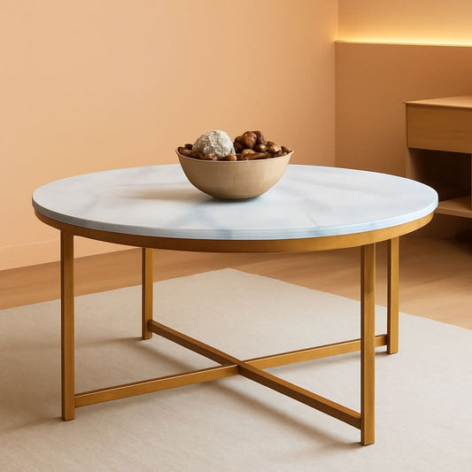 Round Coffee Table With Faux Marble Top Cross Leg Design