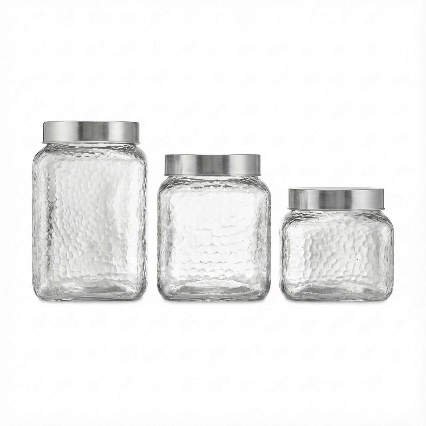 HAMMERED SQUARE 3PC CANISTER SET W/SILVER LID 75oz, 64oz, 43oz, 5.03x5.03x7.87", 5.03x5.03x6.49",  5.03x5.03x4.92"
