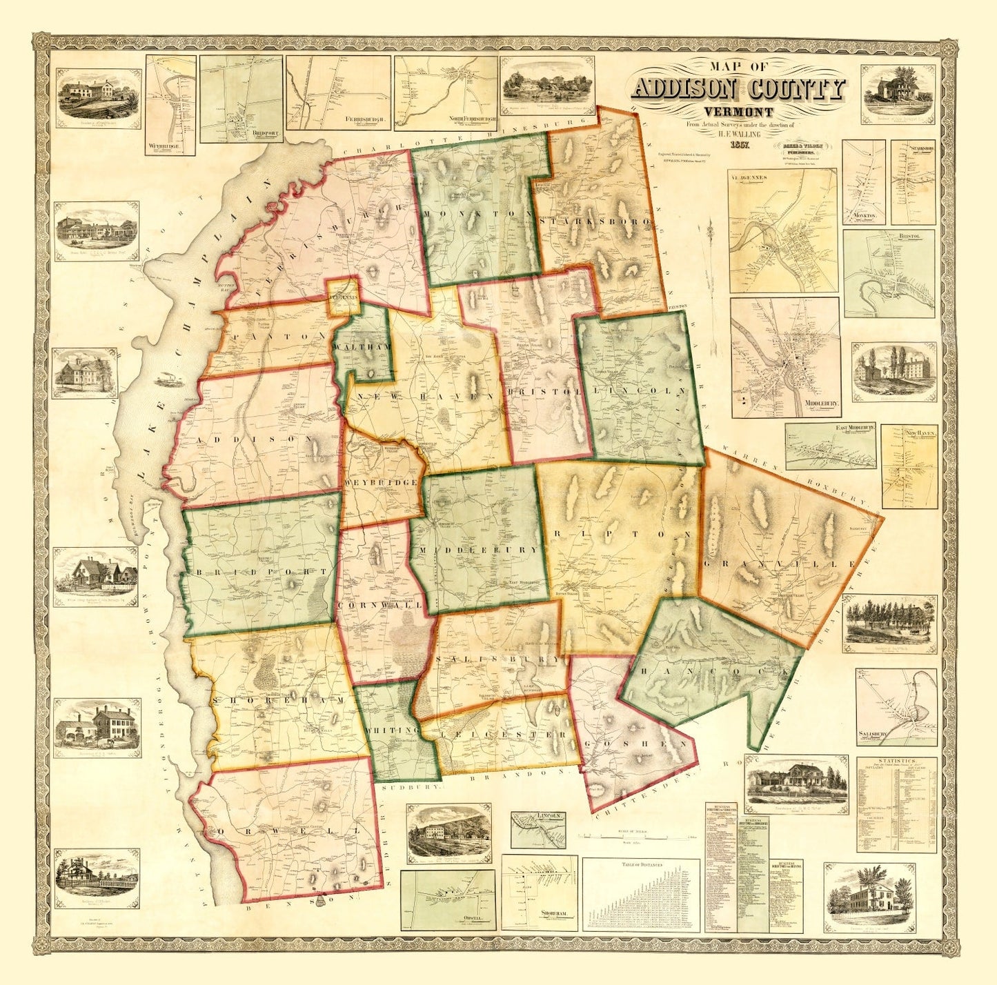 Vintage Map of Addison County, Vermont 1857