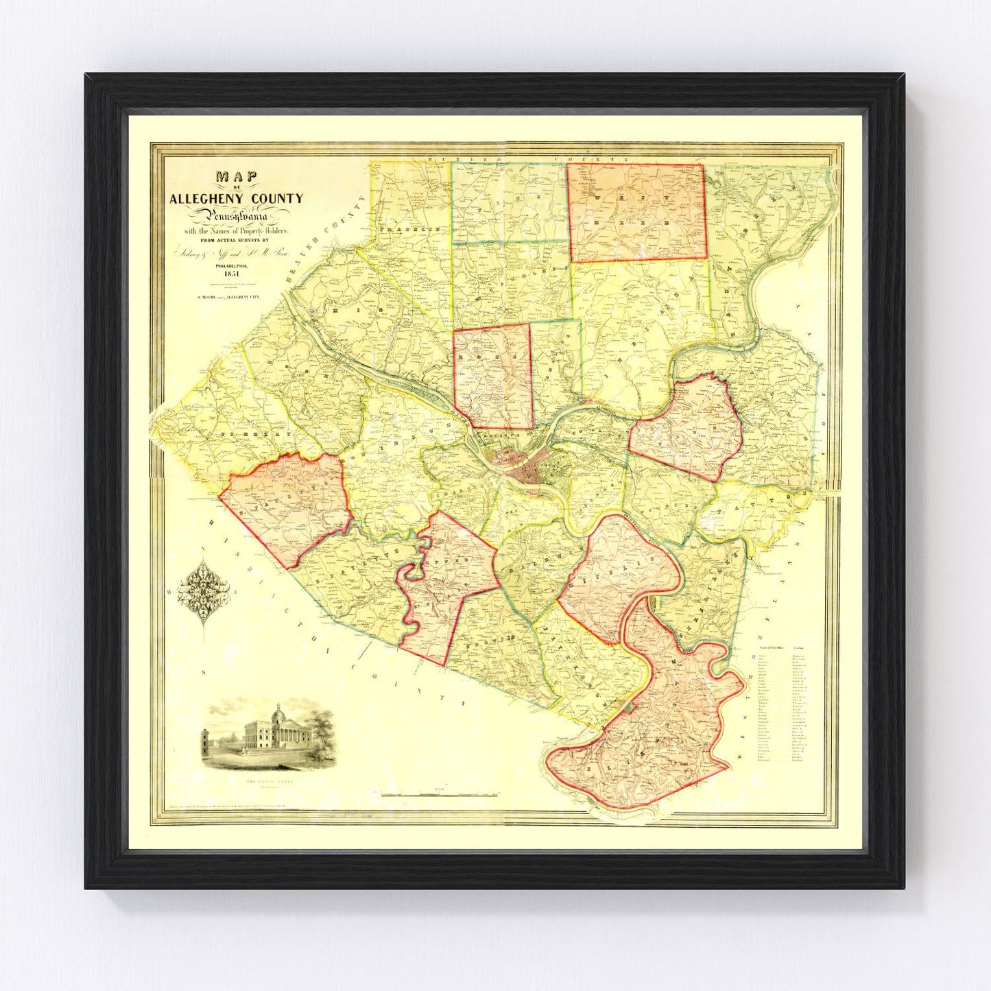 Vintage Map of Allegheny County, Pennsylvania 1851