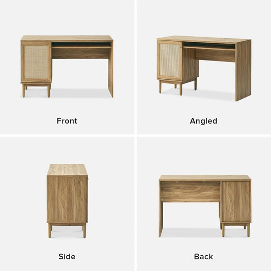 Adjustable Rattan Desk With Hidden Storage And Shelves