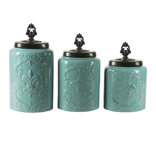 Blue Antique Stoneware Canister Set, 3 Pieces