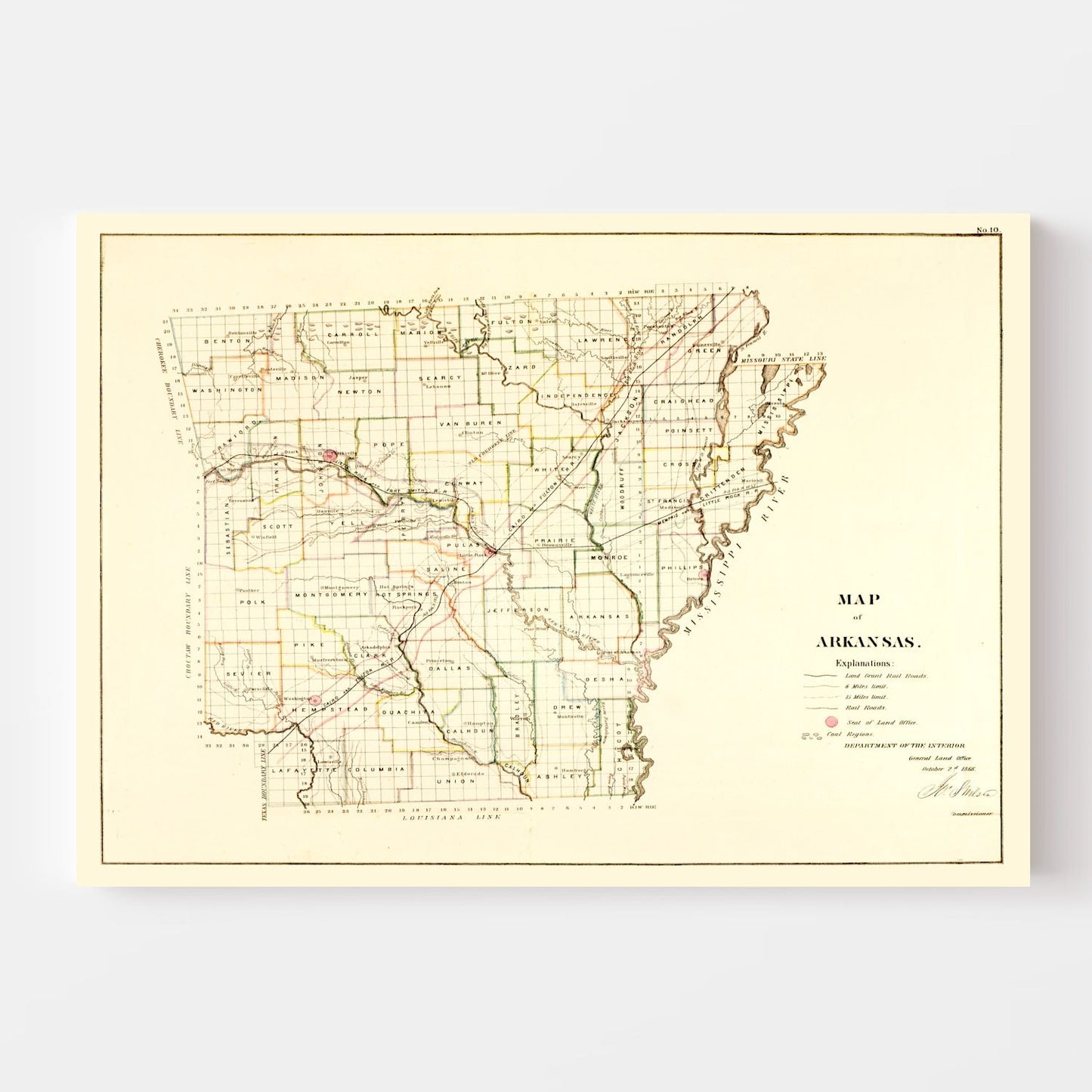 Vintage Map of Arkansas 1866