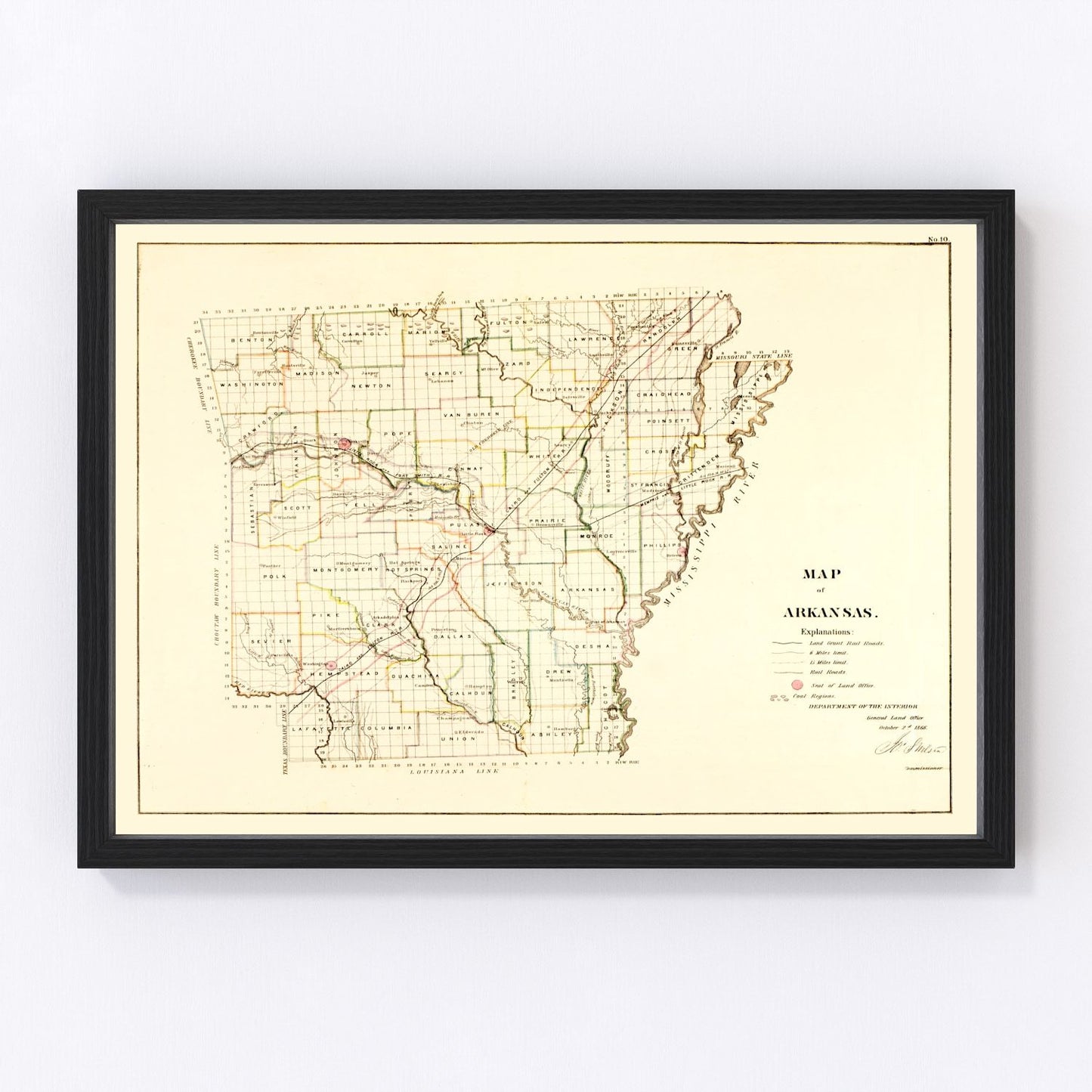 Vintage Map of Arkansas 1866