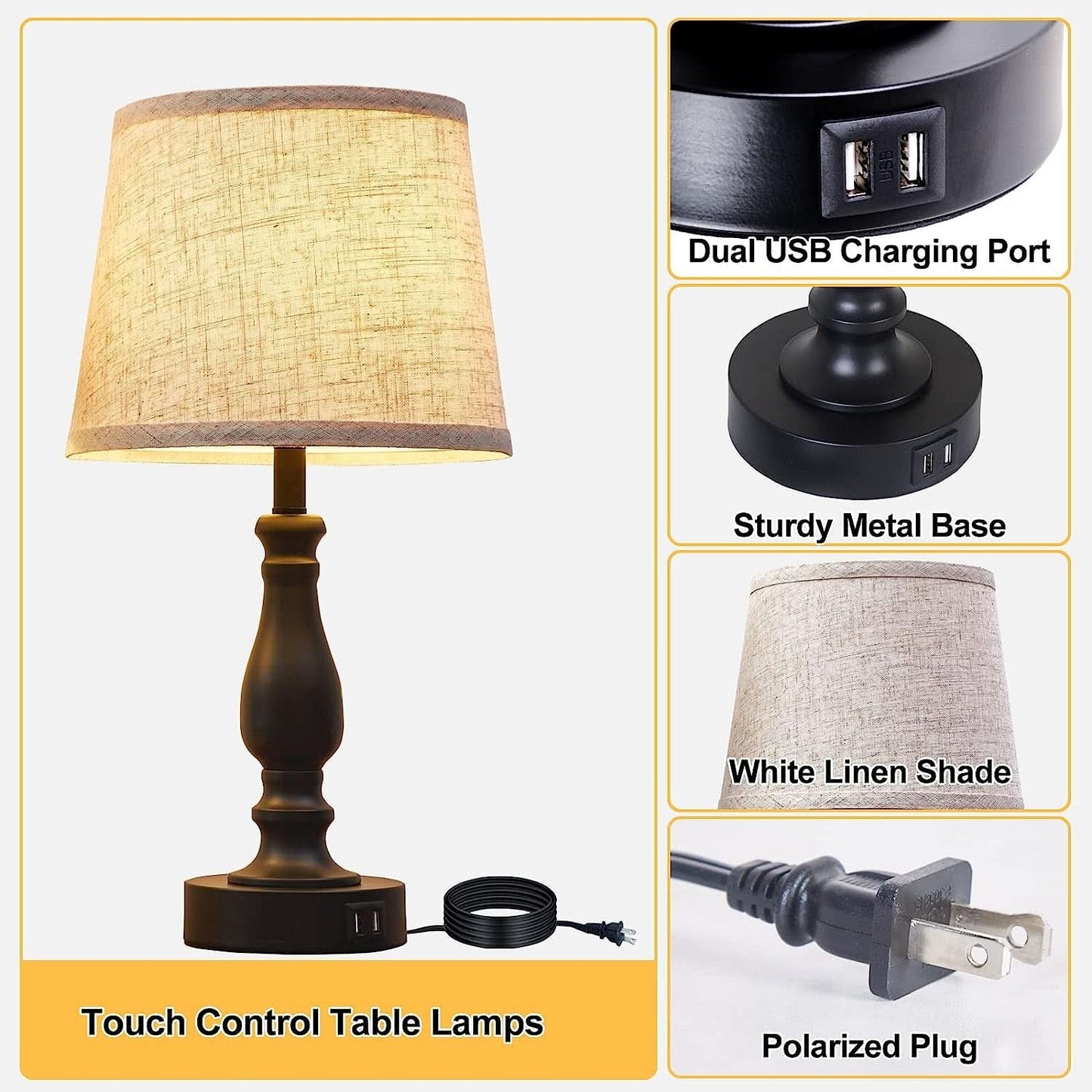 Bedside Table Lamps Set Of 2 With USB Ports And Dimmable