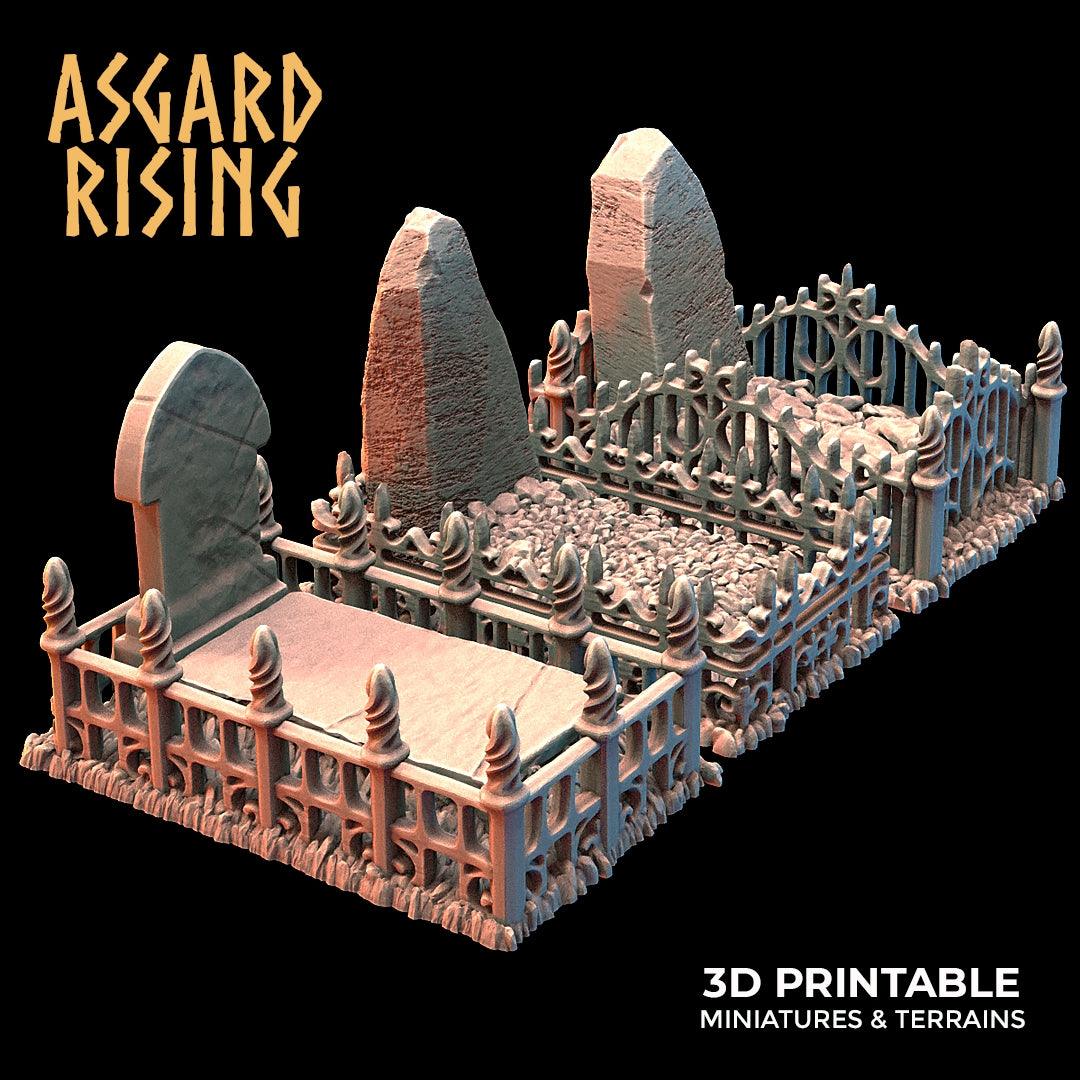 3D Printed Asgard Rising Cemetery Graves with Fence Set 28mm-32mm Ragnarok D&D