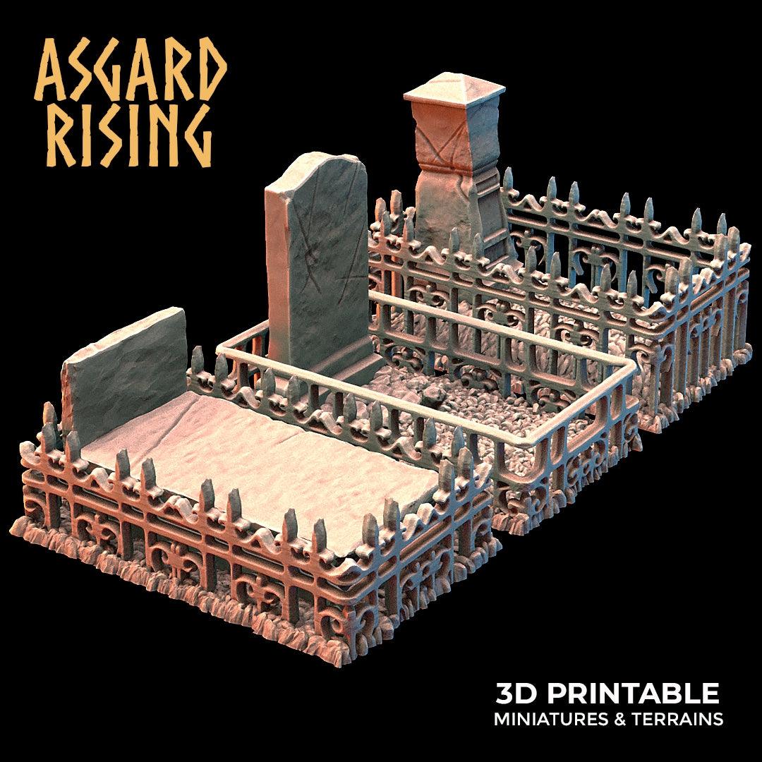 3D Printed Asgard Rising Cemetery Graves with Fence Set 28mm-32mm Ragnarok D&D