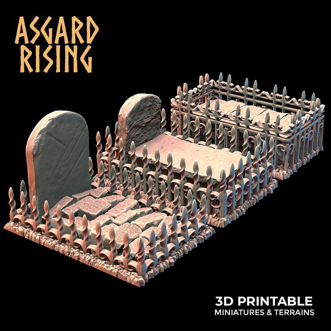 3D Printed Asgard Rising Cemetery Graves with Fence Set 28mm-32mm Ragnarok D&D
