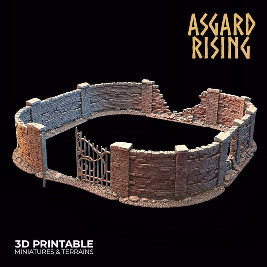 3D Printed Asgard Rising Cemetery Stone Wall Gate Set B 28mm-32mm Ragnarok D&D