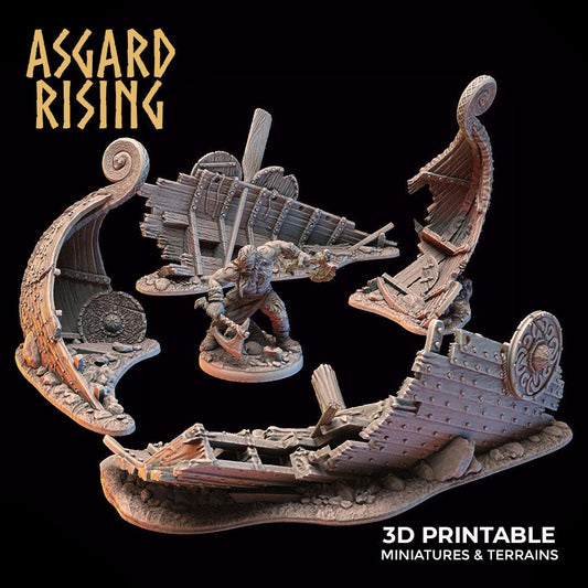 3D Printed Asgard Rising Drakkar Snekkar Ship Wreck Set 28 32 mm Wargaming DnD
