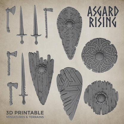 3D Printed Asgard Rising Sword and Shield Weapon Set 6 - 32mm D&D