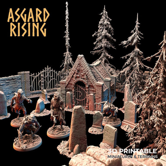 3D Printed Asgard Rising Tombstone and Gravestone Set 28mm-32mm Ragnarok D&D
