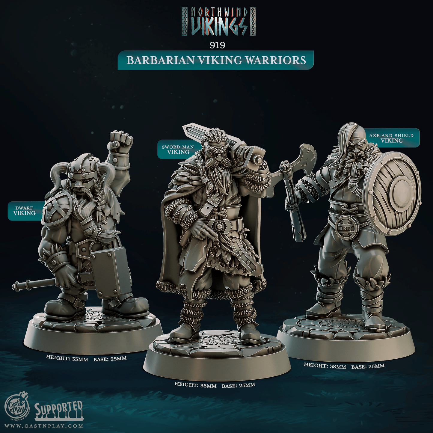 3D Printed Cast n Play Barbarian Viking Warriors Northwind Vikings 28mm 32mm D&D