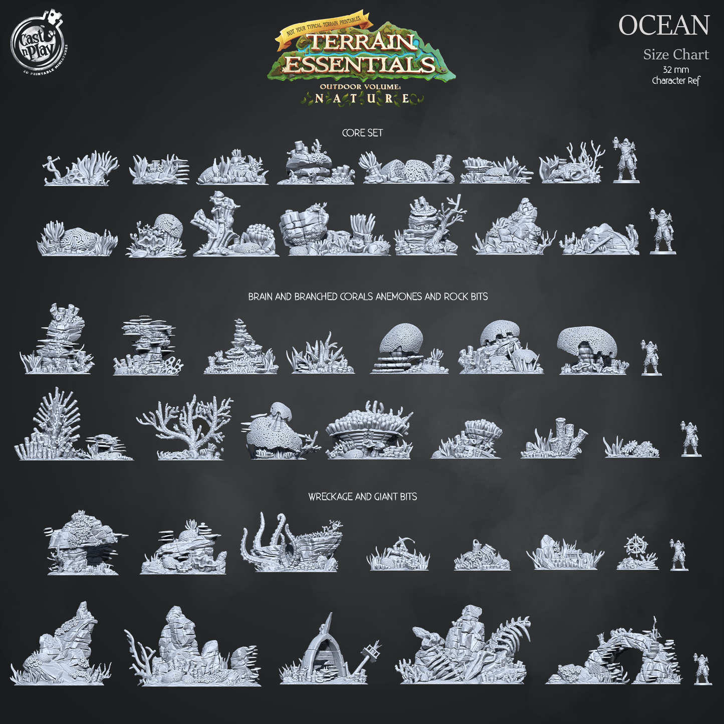 3D Printed Cast n Play Brain and Branched Corals, Anemones and Bock Bits Ocean Terrain Set Terrain Essentials Nature 28mm 32mm D&D