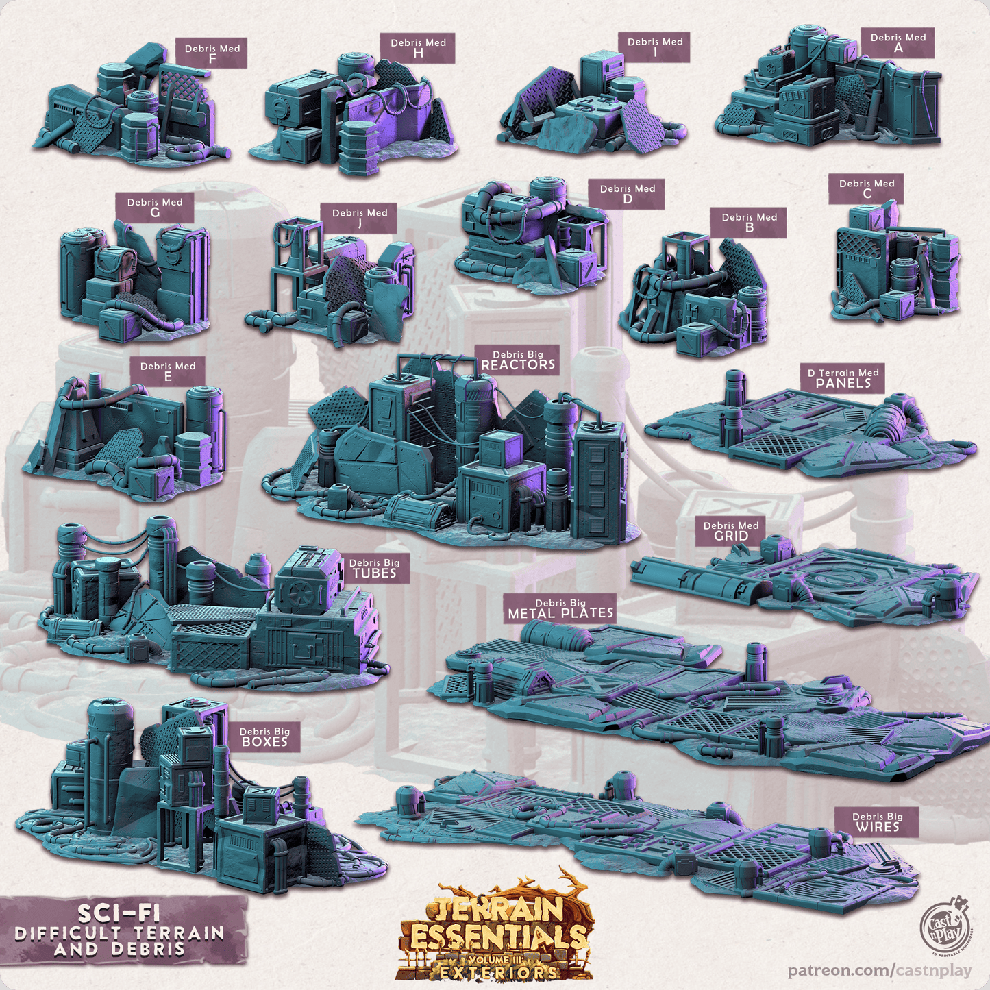 3D Printed Cast n Play Difficult Terrain & Debris Sci-Fi City Set Terrain Essentials Vol III Exteriors 28mm 32mm D&D